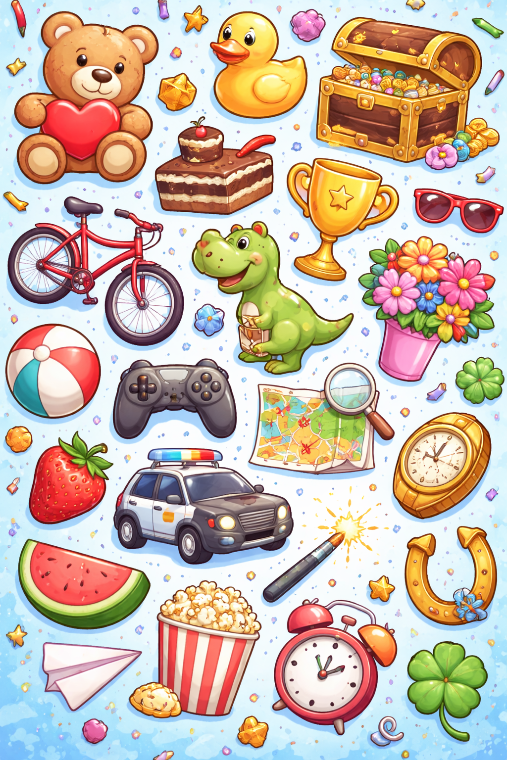 A colorful collection of playful objects including a teddy bear, rubber duck, bicycle, dinosaur, trophy, and alarm clock