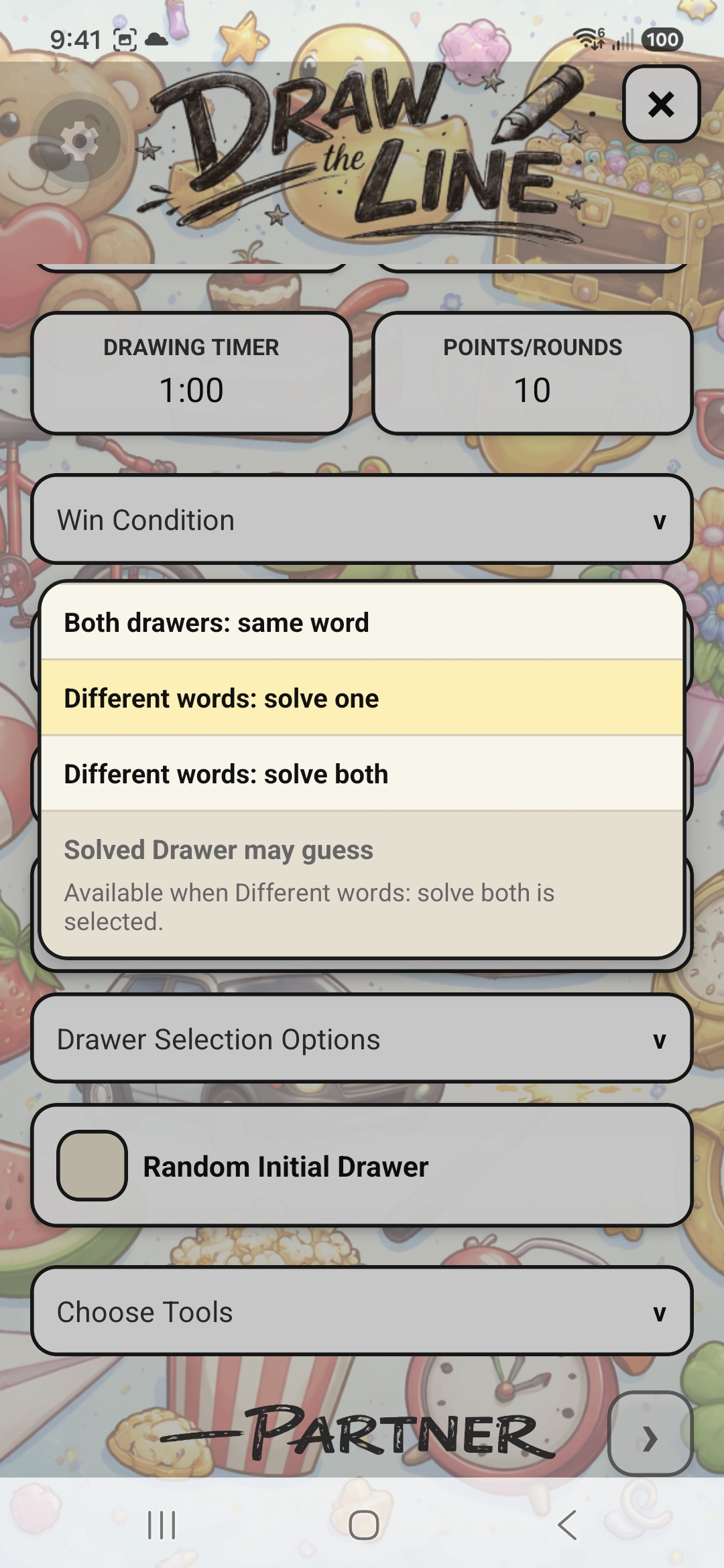 Dual Draw setup menu showing same-word and different-word win conditions